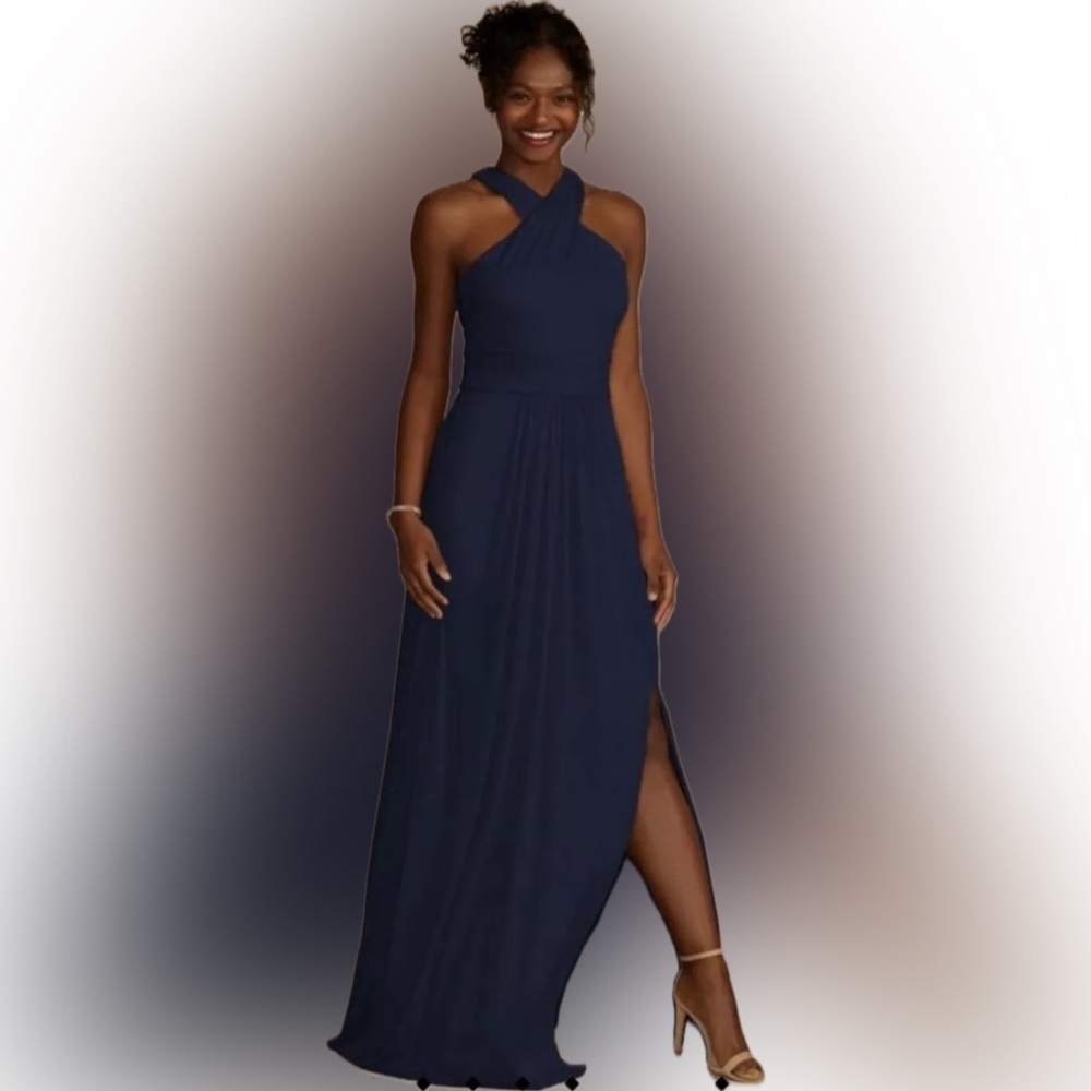 NEW! David’s Bridal Crisscross High Neck Mesh Dress, Marine, Size 12